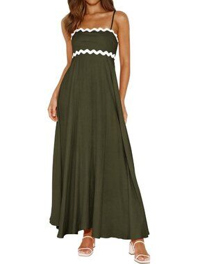 Women's Army Green Sleeveless Square Neck Casual Boho A LINE Imported Maxi Dress